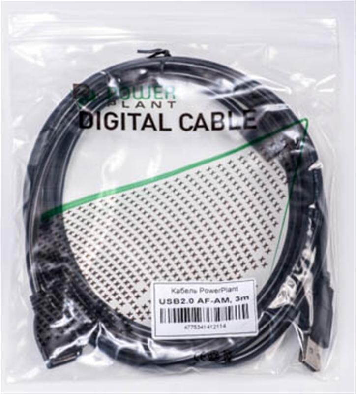 Кабель PowerPlant (KD00AS1211) USB2.0(AF)-USB2.0(AM), 3м, One ferrite, Black