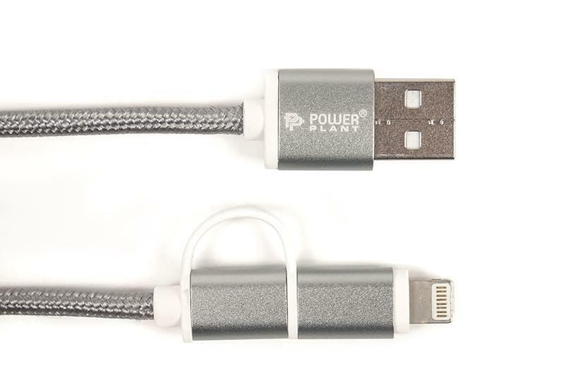 Кабель PowerPlant Quick Charge 2A 2-в-1 cotton USB 2.0 AM – Lightning/Micro, 2м, Grey (CA910496)