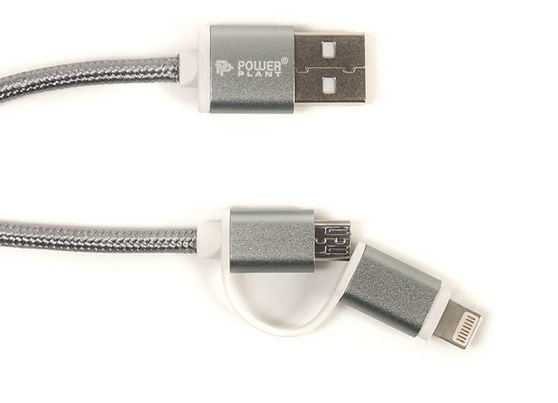 Кабель PowerPlant Quick Charge 2A 2-в-1 cotton USB 2.0 AM – Lightning/Micro, 2м, Grey (CA910496)