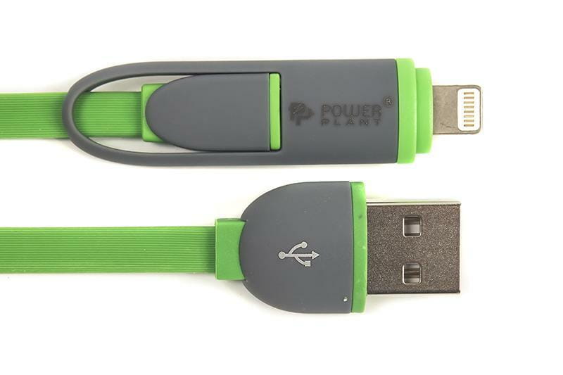 Кабель PowerPlant Quick Charge Flat USB2.0-MicroUSB-Lightning, 2м Green (CA910502)