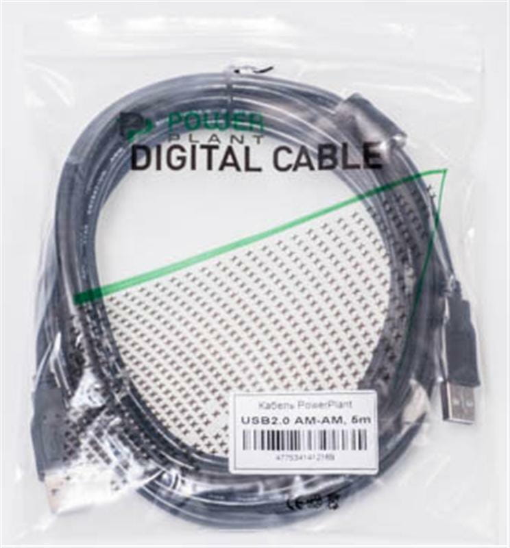 Кабель PowerPlant (KD00AS1216) USB2.0(AM)-USB2.0(AM), 5м, One ferrite, Black