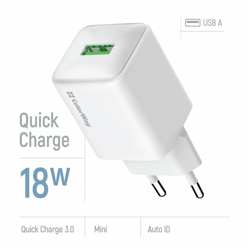 Мережевий зарядний пристрій ColorWay 1USB Quick Charge 3.0 (18W) V2 White (CW-CHS063Q-WT)