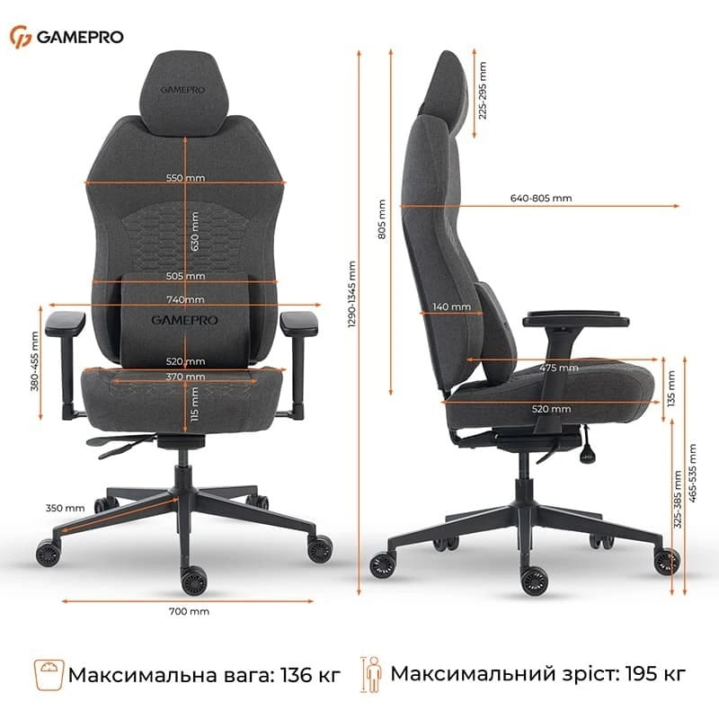 Крісло для геймерів GamePro GC760DG Fabric Dark Gray