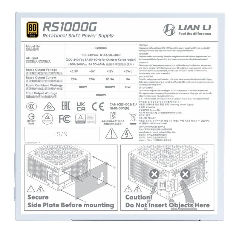 Блок питания Lian Li RS Gold 1000 White with Hub, EU Cord (G9P.RS1000G.WH00.EU)