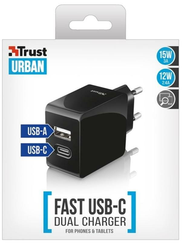 Сетевое зарядное устройство Trust Urban Fast Dual USB-C&USB (17W, 2USB 3.0A) Black (21589)