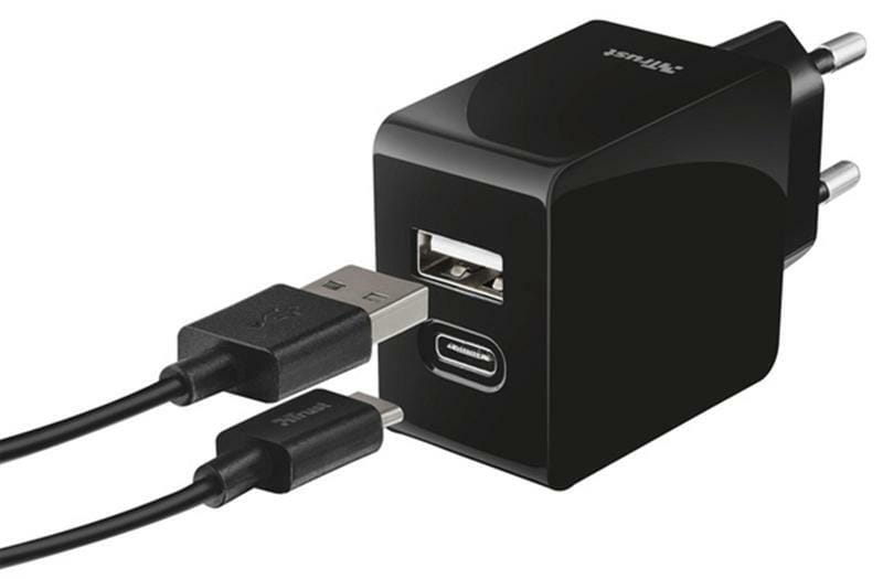 Сетевое зарядное устройство Trust Urban Fast Dual USB-C&USB (17W, 2USB 3.0A) Black (21589)