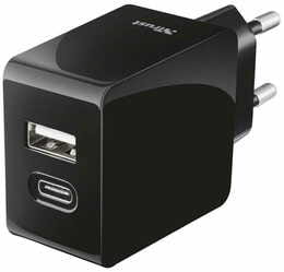 Сетевое зарядное устройство Trust Urban Fast Dual USB-C&USB (17W, 2USB 3.0A) Black (21589)