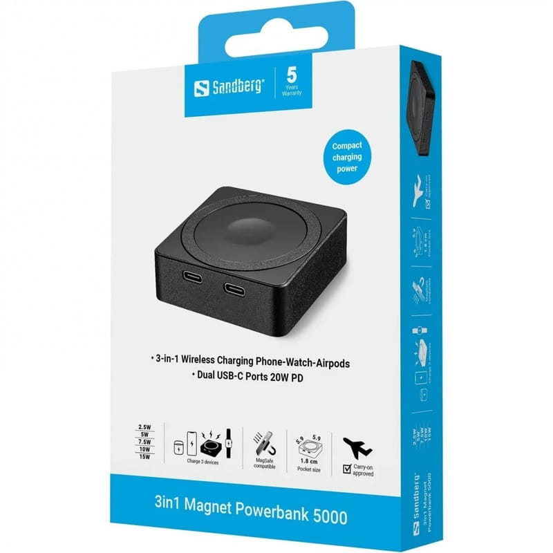 Универсальная мобильная батарея Sandberg Mag Wireless Powerbank 5000mAh 20W Black (421-28)