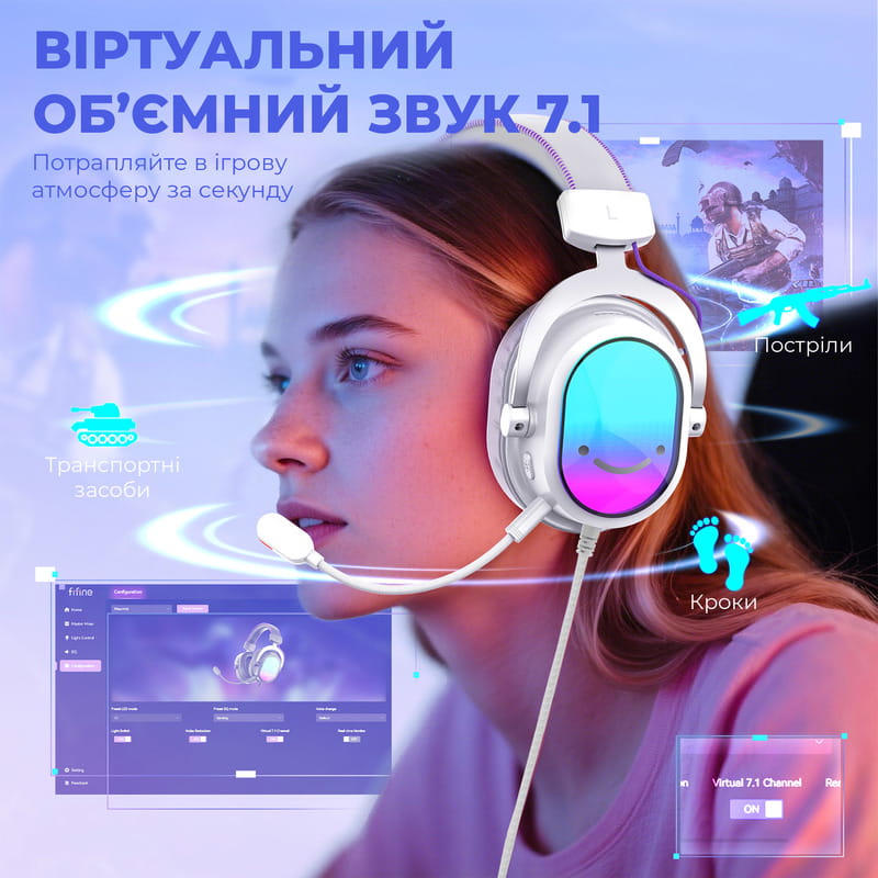 Гарнитура Fifine H16W 7.1 White RGB