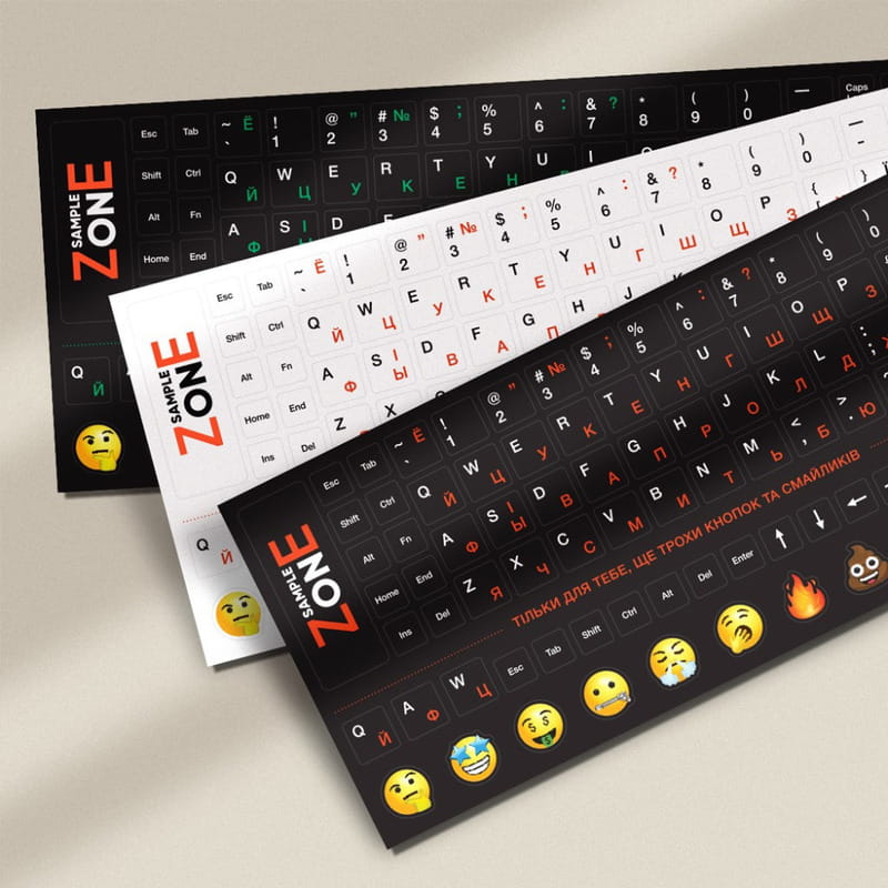 Наклейка на клавіатуру Сектор SampleZone непрозора чорна, біло-помаранчева Англійська / Російська / Українська (SZ-BK-RS)