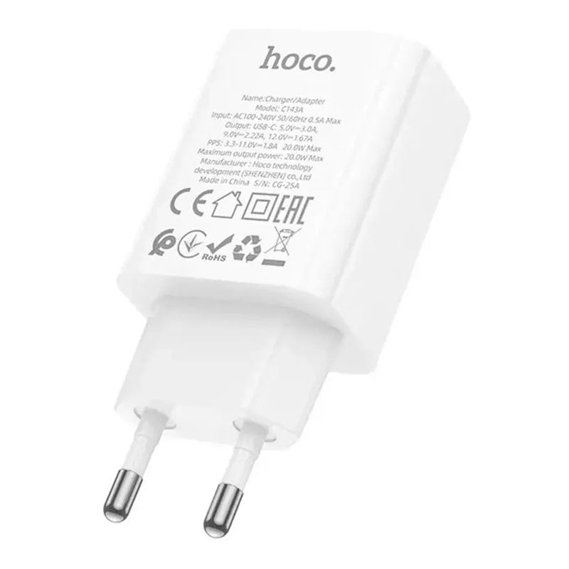 Сетевое зарядное устройство Hoco C143A (1USB-C, 3А) 20W White (6942007652063)