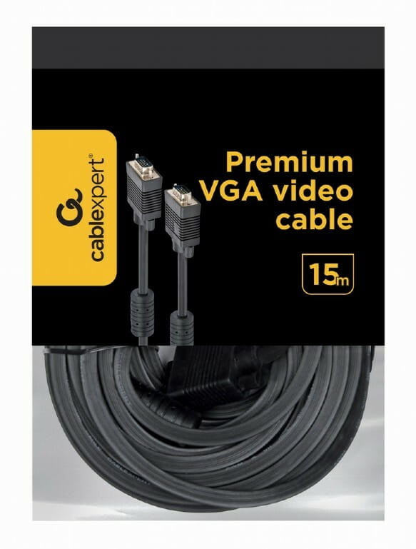 Кабель Cablexpert VGA - VGA (M/M), HD15, с 2-мя фер. кольцами, черный, 15 м (CC-PPVGA-15M-B) пакет