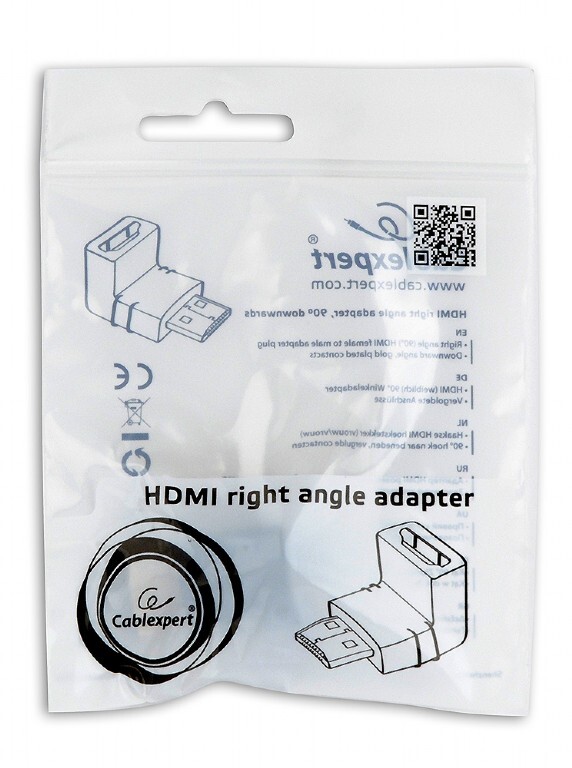 Адаптер Cablexpert HDMI - HDMI (M/F), угол 90 градусов, черный (A-HDMI90-FML) пакет