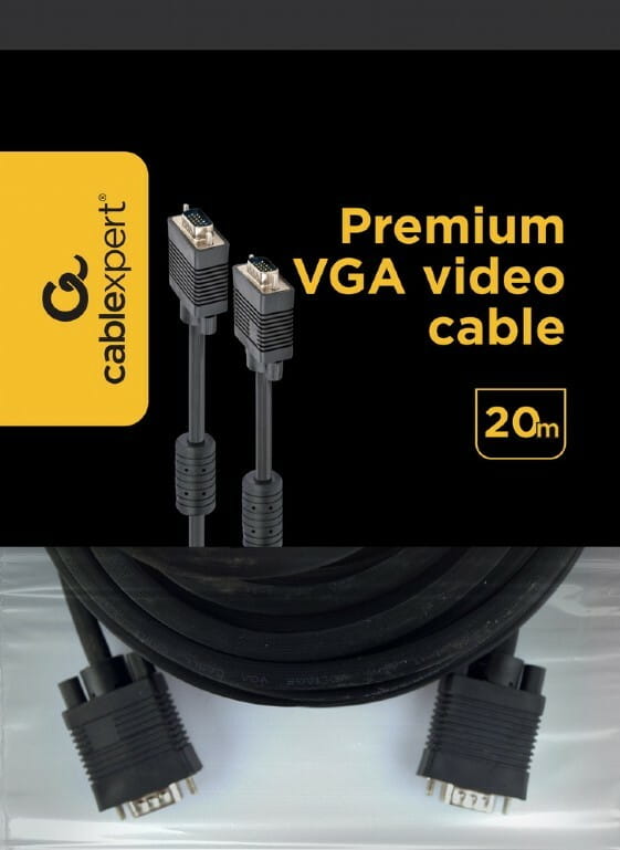 Кабель Cablexpert VGA - VGA (M/M), HD15, с 2-мя фер. кольцами, черный, 20 м (CC-PPVGA-20M-B) пакет