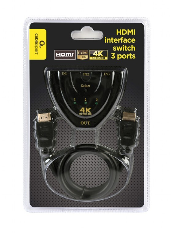 Переключатель HDMI-интерфейса Cablexpert HDMI - 3хHDMI V 1.4 (M/F), 0.5 м, черный (DSW-HDMI-35) блистер