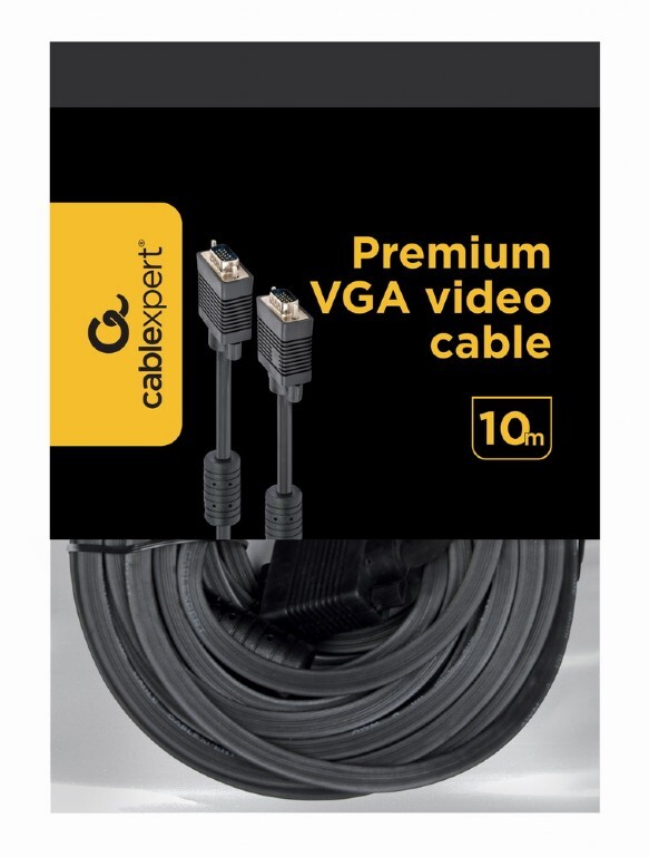 Кабель Cablexpert VGA - VGA (M/M), HD15, с 2-мя фер. кольцами, черный, 10 м (CC-PPVGA-10M-B) пакет