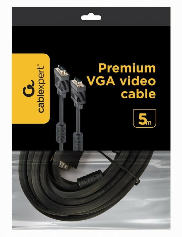 Кабель Cablexpert VGA - VGA (M/M), HD15, с 2-мя фер. кольцами, черный, 5 м (CC-PPVGA-5M-B) пакет