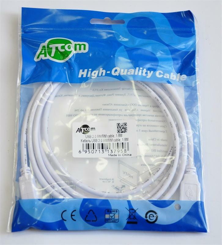 Кабель Atcom USB - USB Type-B V 2.0 (M/M), 1.8 м, феррит, белый (3795) пакет