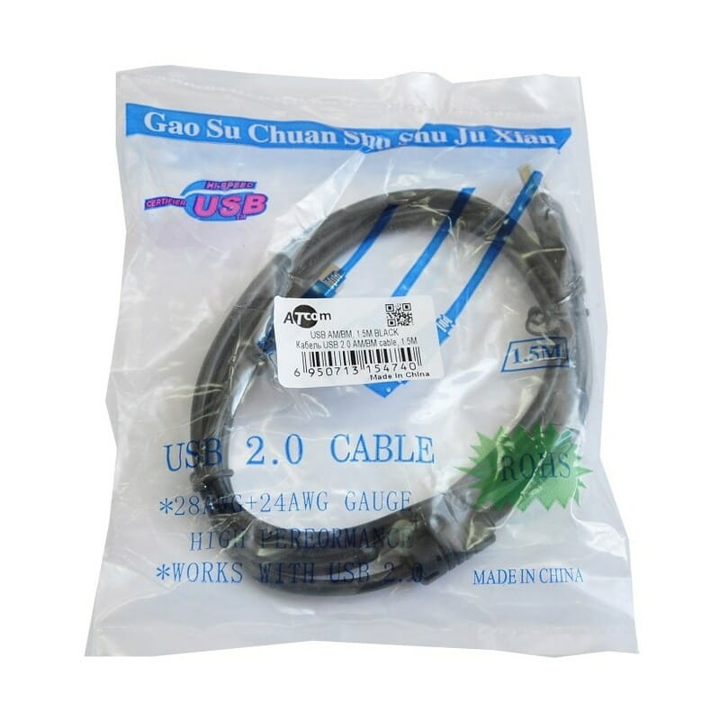 Кабель Atcom USB - USB Type-B V 2.0 (M/M), 1.5 м, феррит, черный (5474)