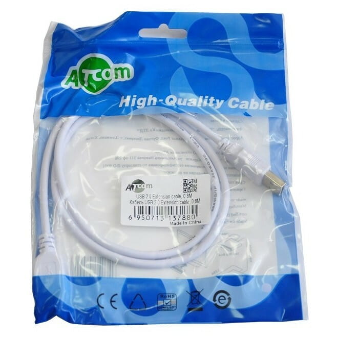 Кабель Atcom USB - USB V 2.0 (M/F), удлинитель, 0.8 м, белый (3788)