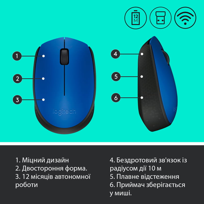 Мышь беспроводная Logitech M171 Blue/Black (910-004640)