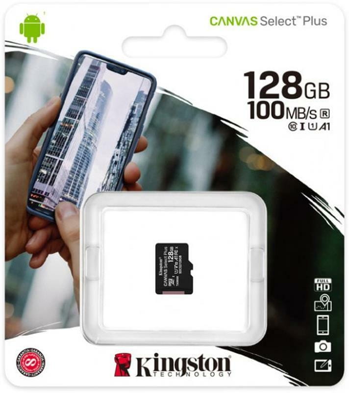 Карта памяти MicroSDXC 128GB UHS-I Class 10 Kingston Canvas Select Plus R100MB/s (SDCS2/128GBSP)