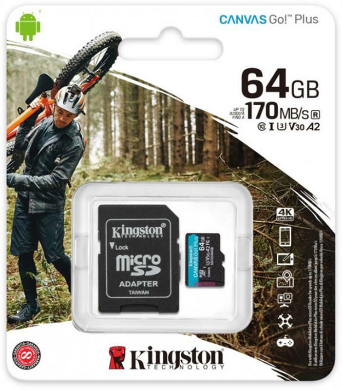 Карта памяти MicroSDXC  64GB UHS-I/U3 Class 10 Kingston Canvas Go! Plus R170/W70MB/s + SD-адаптер (SDCG3/64GB)