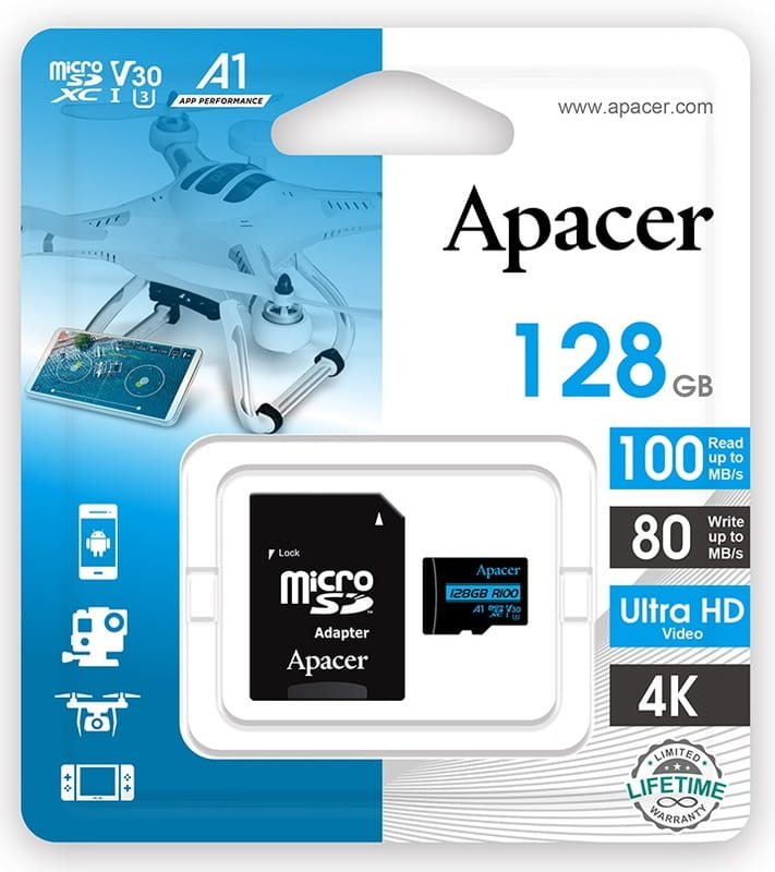 Карта памяти MicroSDXC 128GB UHS-I/U3 Class 10 Apacer + SD adapter (AP128GMCSX10U7-R)