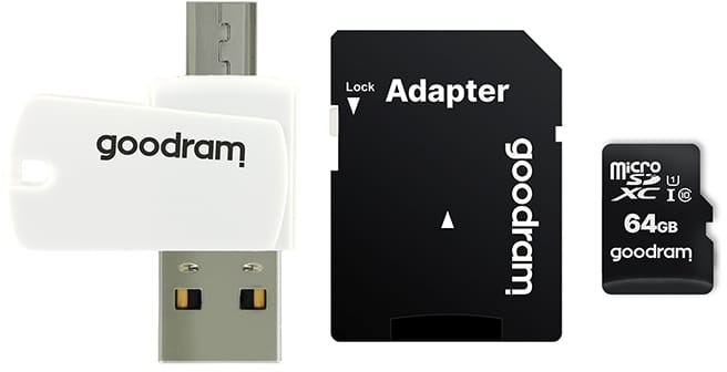 Карта памяти MicroSDXC  64GB UHS-I Class 10 GOODRAM + SD-adapter + OTG Card reader (M1A4-0640R12)