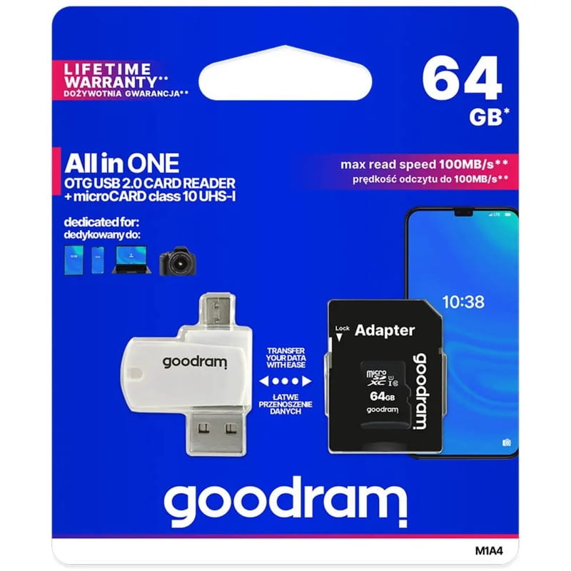 Карта памяти MicroSDXC  64GB UHS-I Class 10 Goodram + SD-adapter + OTG Card reader (M1A4-0640R12)