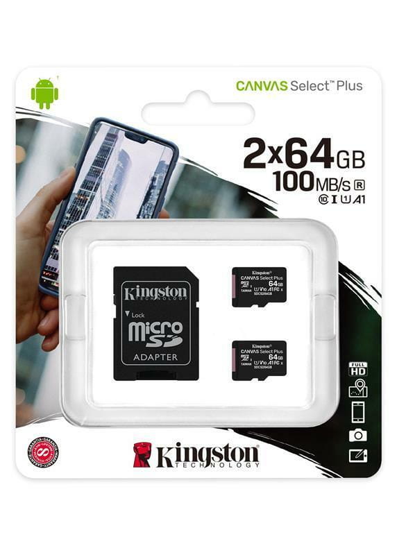 Карта памяти MicroSDXC  2x64GB UHS-I Class 10 Kingston Canvas Select Plus R100MB/s + SD-адаптер (SDCS2/64GB-2P1A)