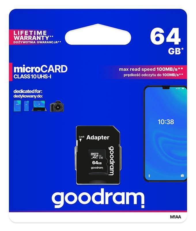 Карта памяти MicroSDXC  64GB UHS-I Class 10 Goodram + SD-adapter (M1AA-0640R12)
