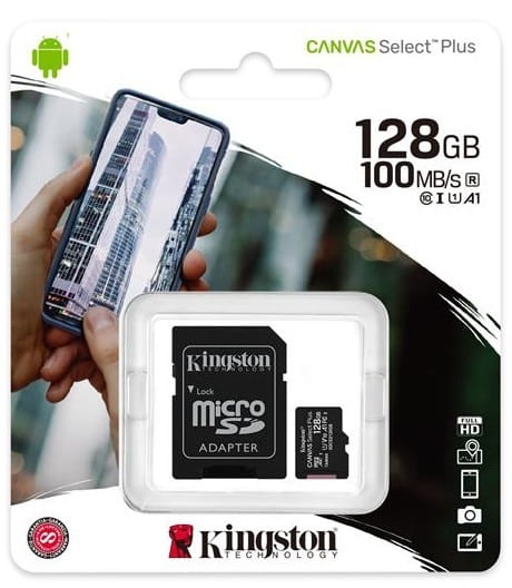 Карта памяти MicroSDXC 128GB UHS-I Class 10 Kingston Canvas Select Plus R100MB/s + SD-адаптер (SDCS2/128GB)