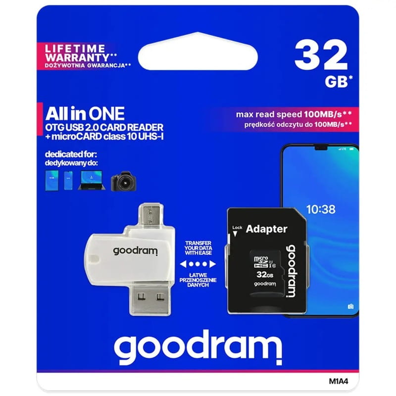 Карта памяти MicroSDHC  32GB UHS-I Class 10 Goodram + SD-adapter + OTG Card reader (M1A4-0320R12)