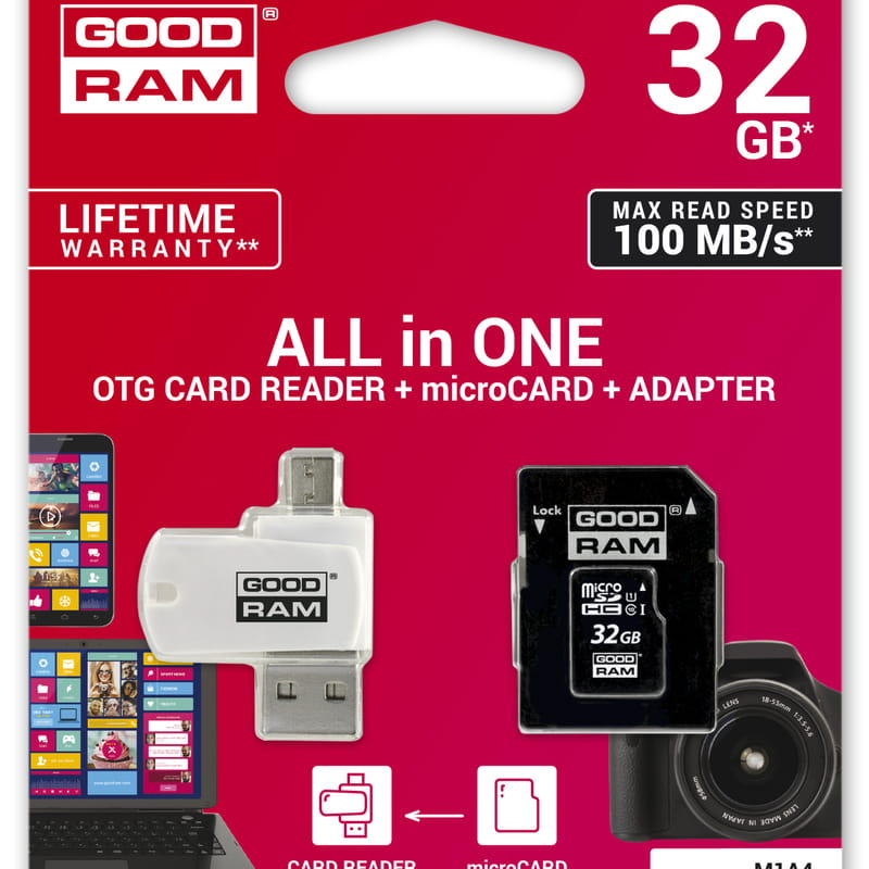 Карта памяти MicroSDHC  32GB UHS-I Class 10 GOODRAM + SD-adapter + OTG Card reader (M1A4-0320R12)