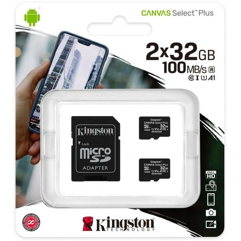 Карта пам`яті MicroSDHC 2x32GB UHS-I Class 10 Kingston Canvas Select Plus R100MB/s + SD-адаптер (SDCS2/32GB-2P1A)