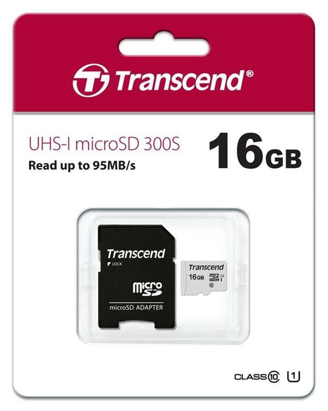 Карта памяти MicroSDHC  16GB UHS-I Class 10 Transcend 300S + SD-adapter (TS16GUSD300S-A)