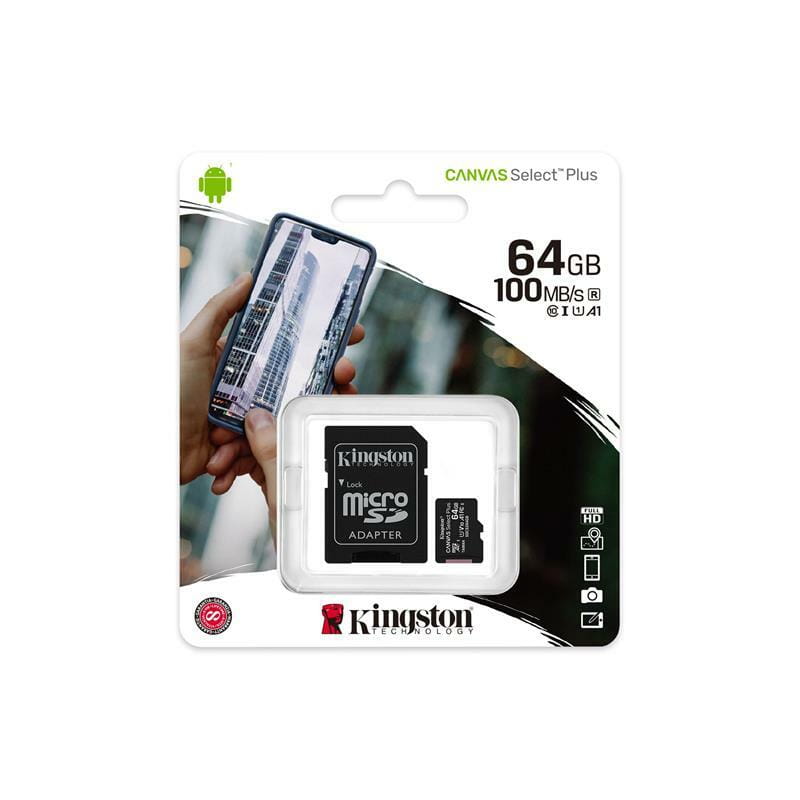 Карта памяти MicroSDXC  64GB UHS-I Class 10 Kingston Canvas Select Plus R100MB/s + SD-адаптер (SDCS2/64GB)