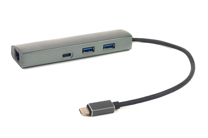 Концентратор USB3.0 PowerPlant CA910557 Grey 2хUSB3.0, 1хUSB-C+Gigabit LAN