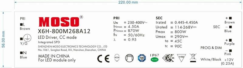 Блок живлення Moso X6H-800M268A12, DC 800W, DIM 1-10V