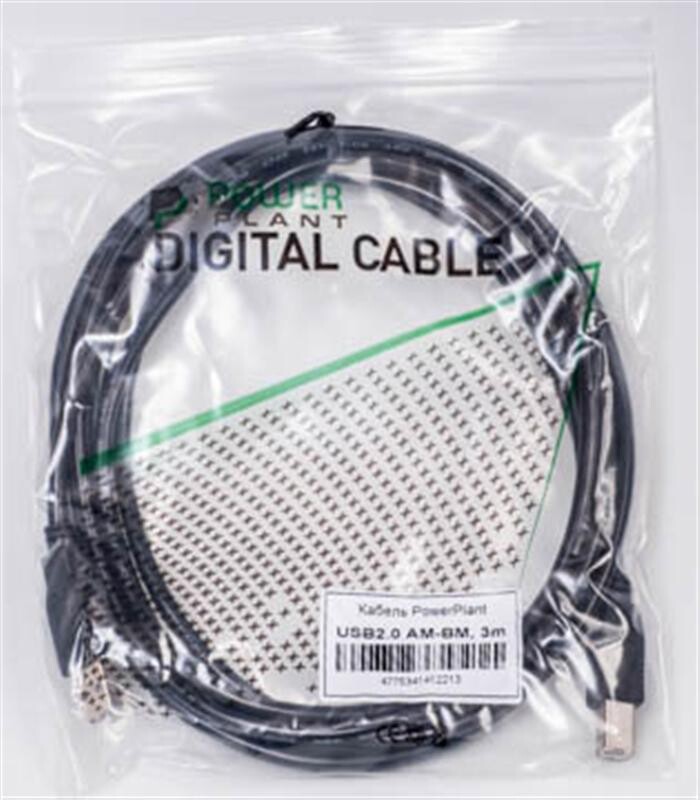Кабель PowerPlant (KD00AS1221) USB2.0(AM)-USB2.0(BM), 3м, Black, one ferrite