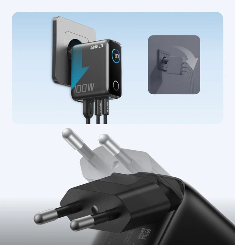 Мережевий зарядний пристрій Anker GaN Charger 100W, 2xUSB-C, 1xUSB-A, Display Dark Gray (B121BGZ1) + кабель USB Type-C