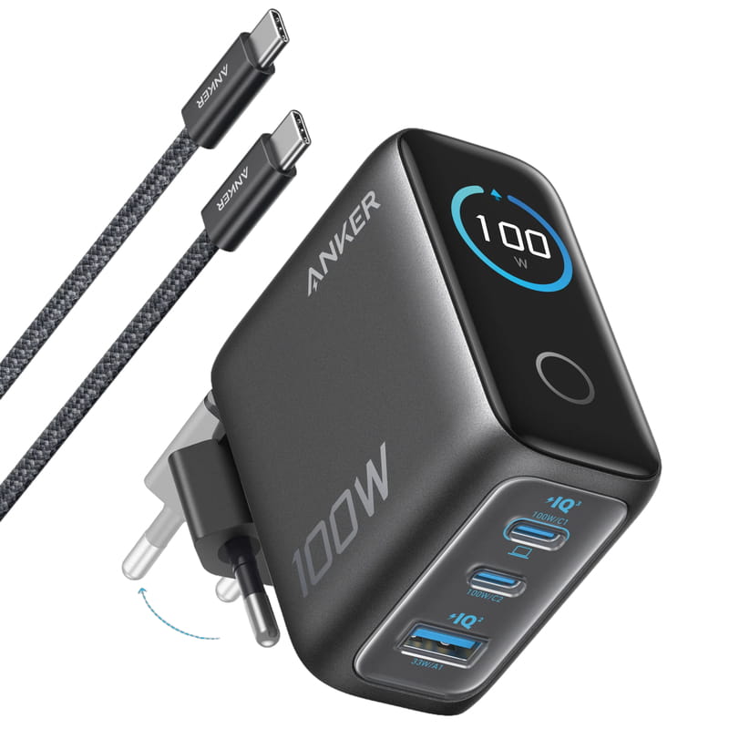 Мережевий зарядний пристрій Anker GaN Charger 100W, 2xUSB-C, 1xUSB-A, Display Dark Gray (B121BGZ1) + кабель USB Type-C