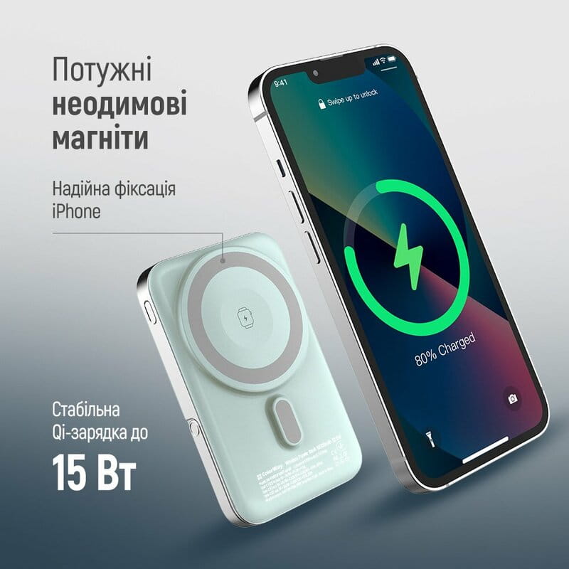 Універсальна мобільна батарея ColorWay 15W MagSafe & Watch Wireless 10000mAh Aquamarine (CW-PB100LPA2MT-WPDD)