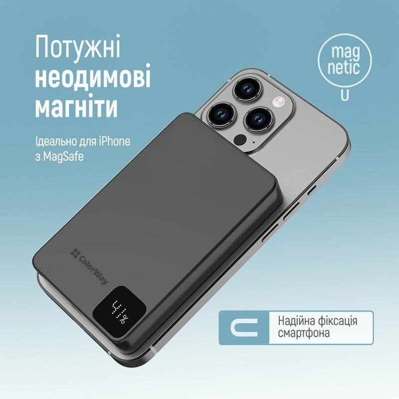 Універсальна мобільна батарея ColorWay 15W MagSafe 10000mAh Black (CW-PB100LPA1BK-WPDD)