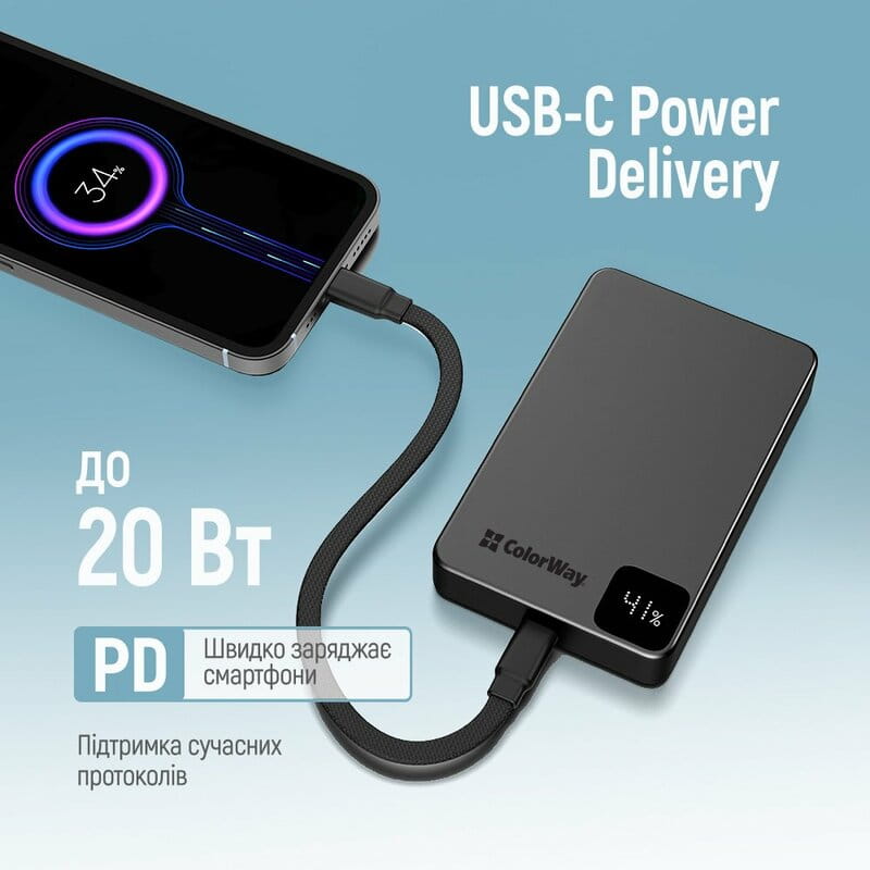 Універсальна мобільна батарея ColorWay 15W MagSafe 10000mAh Black (CW-PB100LPA1BK-WPDD)