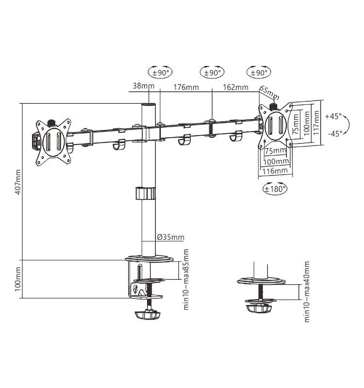 Настольное крепление для монитора Brateck LDT66-C024 17-32" Black (VESA100х100)