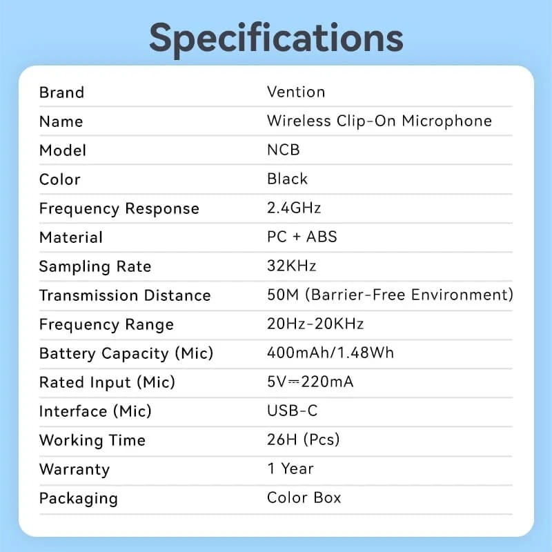 Микрофон Vention USB Type-C 2-Pack Wireless Lavalier Black (NCBB0)