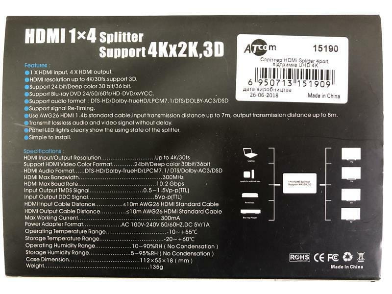 Разветвитель (сплиттер) Atcom (15190) HDMI 4 порта, поддержка UHD 4K