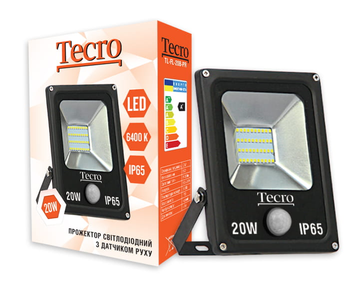 Світлодіодний прожектор Tecro TL-FL-20B-PR 20W 6400K з датчиком руху